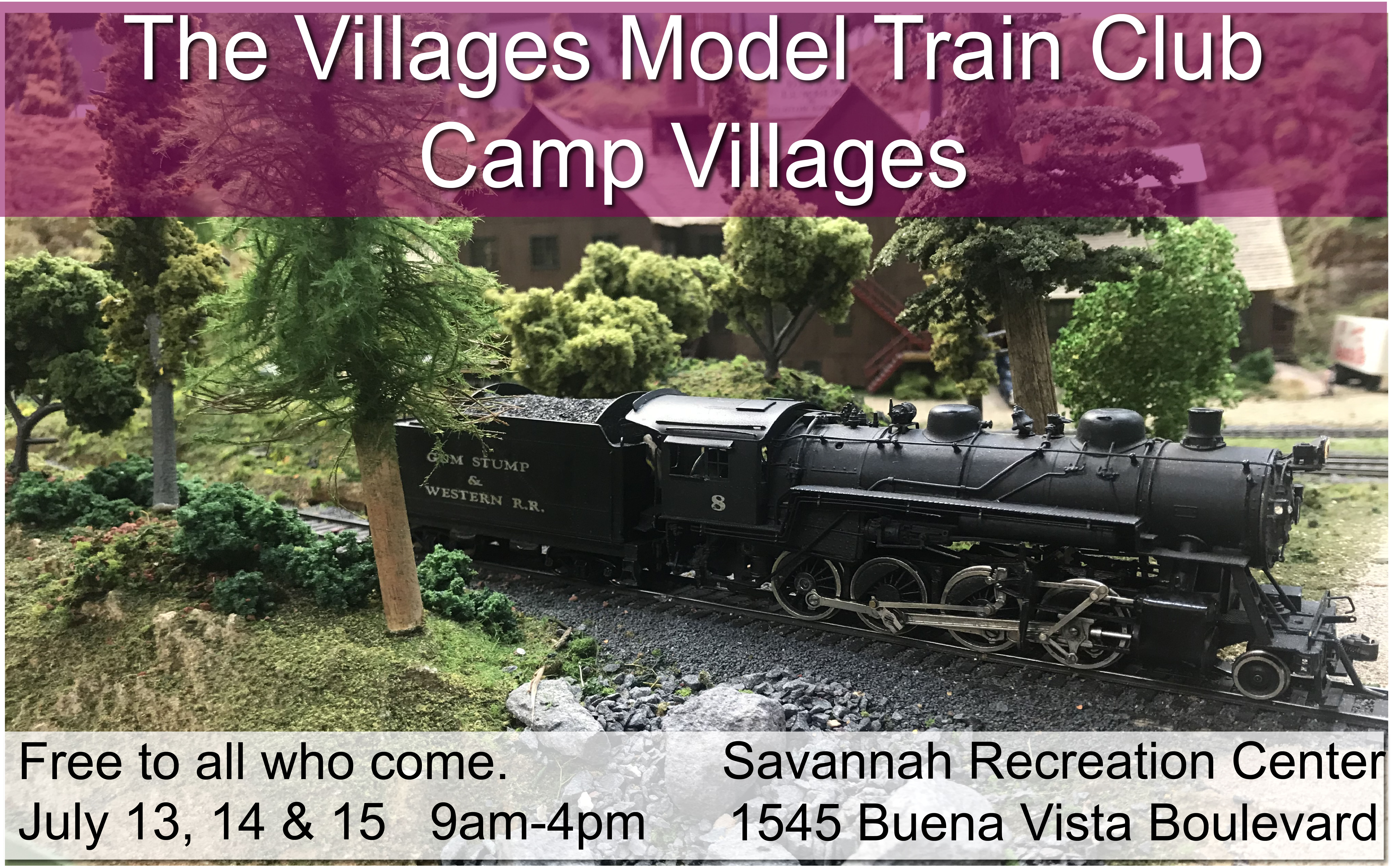alt="The Villages Model Train Club 2025 Christmas Show poster featuring Santa on a red steam train in snowy holiday scene, free train show December 11–14 at Colony Rec Center, The Villages FL"